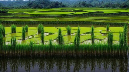 Rice Terraces with 'HARVEST' Reflection in Calm Waters