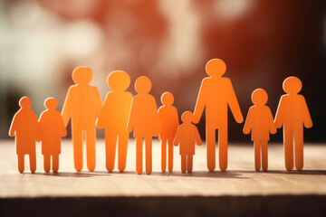 Group of people, silhouettes made of wood, extended family or diverse community concept