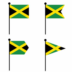 Jamaica waving flag icon set in 4 shape versions. Collection of flagpole sign for identity, emblem, and infographic.