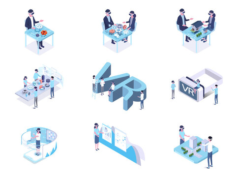 Vector Virtual Reality Isometric Design Set, People Work With Vr Goggles