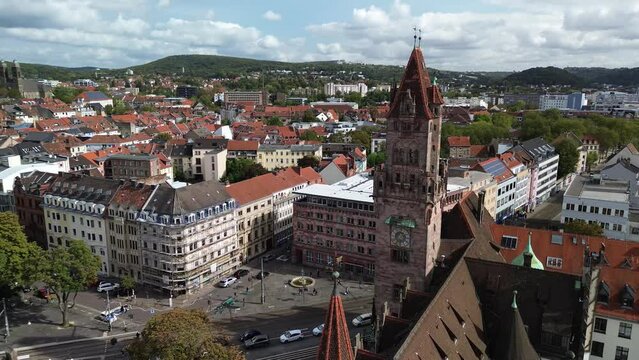 Summer cityscape of Saarbr&uuml;cken, Germany. Aerial view of the Rathausplatz  with Rathaus St. Johann (Town hall).