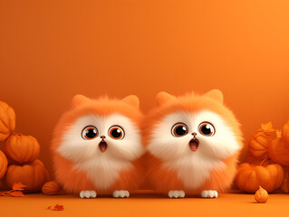 Funny fluffy cute animal on orange background