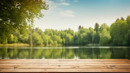 Empty wooden table on blurred river and forest bench background.  - obrazy, fototapety, plakaty