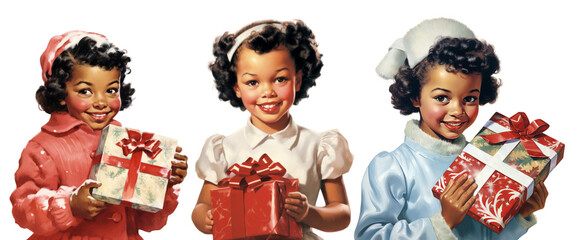 Happy African American girls at Christmas, holding a gift, vintage American illustration 1950