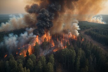 Fototapeta na wymiar Aerial view of a burning forest. Wildfire, global warming and climate change 