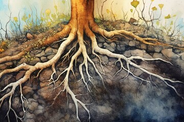 Close-up watercolor art capture of tree roots in soil, showcasing underground texture. Generative AI - obrazy, fototapety, plakaty