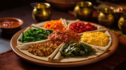 essence of Africa ethiopian traditional cuisine, mouth-watering food. traditional dishes such as injera, doro wat, and kitfo, highlighting their vibrant colors, textures, and intricate presentation.