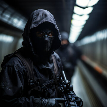 terrorist dressed in black wearing a face covering  stands with a gun  in a small underground tunnel.generative ai