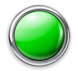 Realistic big green plastic button with thin shiny metallic border. With shadow on white background