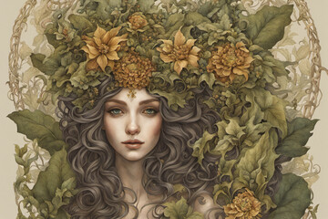 Goddess of the trees, in the forest's domain, Whispers of leaves, mystical reign