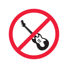 Forbidden Prohibited Warning, caution, attention, restriction label danger. No guitar vector icon. Do not use electro guitar sign design. No rock music symbol flat pictogram.