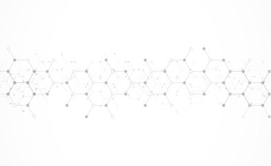 Hexagons pattern on gray background. Genetic research, molecular structure. Chemical engineering. Concept of innovation technology. Used for design healthcare, science and medicine background