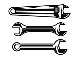 Set of monochrome wrench elements. Isolated on white background