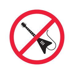 Forbidden Prohibited Warning, caution, attention, restriction label danger. No guitar vector icon. Do not use electro guitar sign design. No rock music symbol flat pictogram.