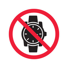 Forbidden Prohibited Warning, caution, attention, restriction label danger. No hand watch vector icon. Do not use watches sign design. No watch time symbol flat pictogram. No clock icon