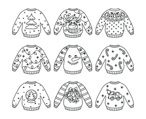 Ugly Christmas sweater, funny christmas clothes set. Coloring page. Vector.