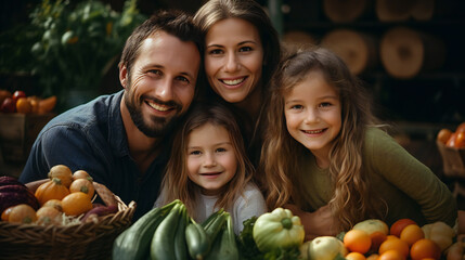 Happy family done with harvesting vegetables and smiling, sun set light