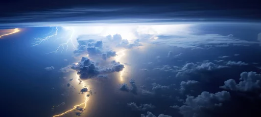 Raamstickers Thunderstorms dark sky seen from space High-altitude light up the night sky, Stormy cyclone swirling, Typhoon, Hurricane, catastrophe lightning, Concept on the theme of weather, natural disasters © chiew