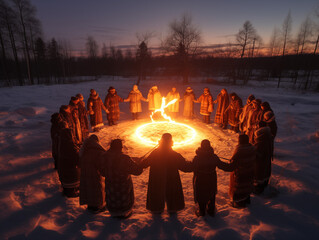 Circle of people around fire in snowy field at dawn. Winter fantasy. Pagan Christmas ritual, Yule or New Year concept. Design for event invitation, greeting card with copy space for text - obrazy, fototapety, plakaty