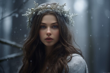 Fototapeta na wymiar Winter enchantress with delicate ice crown in winter forest. A portrait of beauty on a snowy backdrop. New Year and Christmas fantasy concept. Design for greeting card, poster, or banner