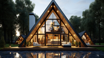 Fototapeta premium Modern residential suburban building A-frame architecture, a luminous triangular house with large windows