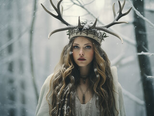Ethereal woman with deer antlers in snow-filled woods. Winter fantasy. Mystical Pagan Christmas and New Year concept. Design for greeting card, poster, or wallpapers - obrazy, fototapety, plakaty