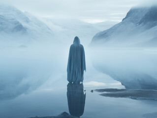 Solitary figure standing by serene icy lake amidst mountains. Winter Solstice and Pagan Christmas concept. Design for meditation poster, print, wallpapers with place for text