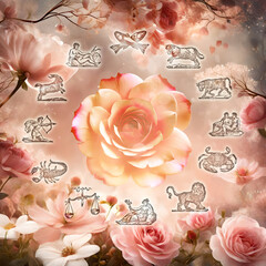 astrology with all zodiac signs in romantic style with flowers roses in background in vintage pink color