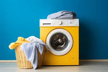 Washing machine and basket with laundry near wall.