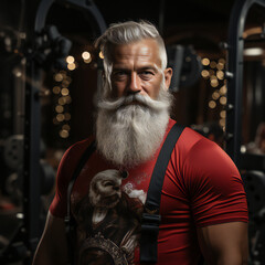 Big muscular Santa Claus is exercising in the fitness center to send gifts during Christmas.generative ai
