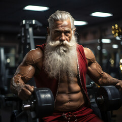 Fototapeta na wymiar Big muscular Santa Claus is exercising in the fitness center to send gifts during Christmas.generative ai