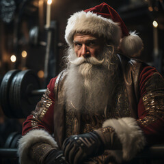 Big muscular Santa Claus is exercising in the fitness center to send gifts during Christmas.generative ai