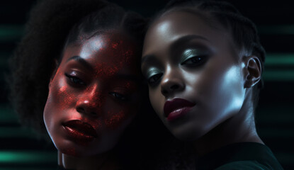 Portrait of a couple of friends in a club, two African American women with glowing skin, make up, and glitter