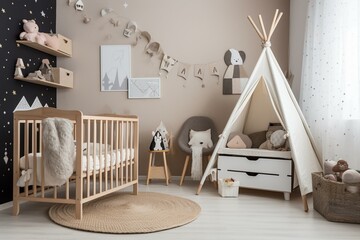 Fototapeta na wymiar Attractive decor in kids' room with cute crib. Generative AI