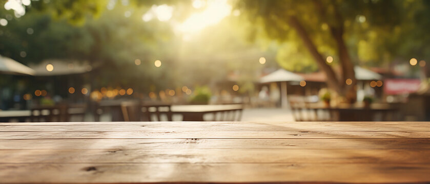 Empty wooden table in cafe and city park view. Horizontal blurred background with bokeh effect. Generative AI