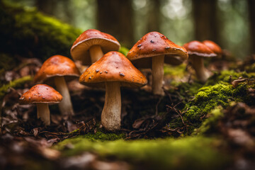 Fototapeta premium Orange Mushrooms Emerge in Abundance in a mossy forest