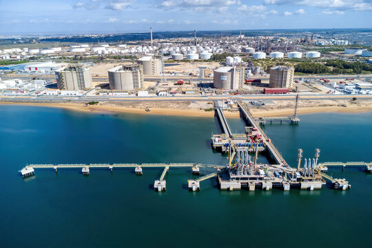 Huelva, Spain - October 21, 2023: Liquefied natural gas regasification terminal of Enag&aacute;s, S.A., a Spanish energy company and European transmission system operator, that operates the nation's gas grid