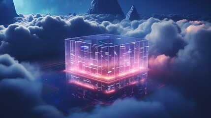 Server rack bathed in soft pink glow amidst clouds symbolizing cloud servers, dedicated servers and shared CPU for virtual private server, secure and reliable cloud based computing service