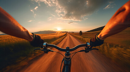 Cyclist races down dusty trail gripping handlebars tightly hurtling towards setting sun, wind whistling in cyclist ears, fisheye view from eyes, sense of freedom and adrenaline fills air - obrazy, fototapety, plakaty