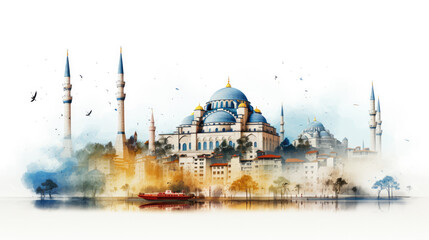 Fototapeta premium Illustration capturing the essence of Istanbul's iconic skyline and culture, blending tradition and modernity in vibrant colors