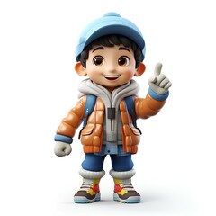 Happy asian boy in Colorful winter Clothes. showing forefinger up. sweet smile, cheerful and playful, exaggerated facial expression, kawaii cartoon 3D render style, isolated on solid white background.