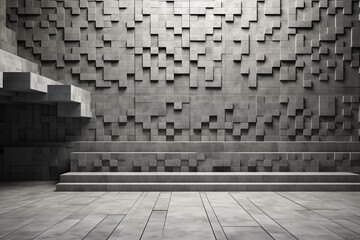 Polished concrete mosaic wall with 3D stacked bricks creating a semigloss block background. 3D render. Generative AI