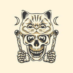 Skull wearing hat cat smile halloween vintage vector illustration for tees, wall, sticker design