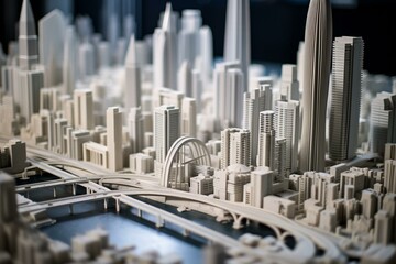 Large 3D printed city model demonstrating architectural project. Generative AI