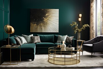 A contemporary living room with a sleek design, spaciousness, and adorned in harmonious midnight green. Generative AI