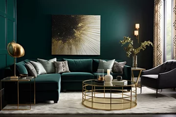 Fotobehang A contemporary living room with a sleek design, spaciousness, and adorned in harmonious midnight green. Generative AI © Milana