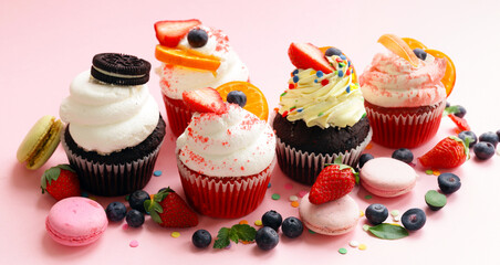 assorted cupcakes with cream and berries for dessert