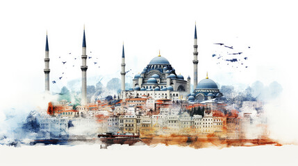 Illustration capturing the essence of Istanbul's iconic skyline and culture, blending tradition and modernity in vibrant colors - obrazy, fototapety, plakaty