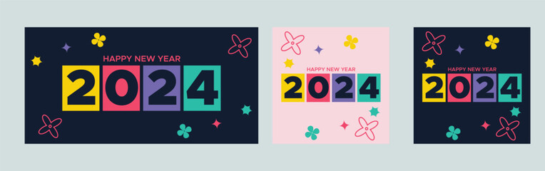 Happy New Year 2024 with colorful Minimalistic trendy design. Happy New Year 2024 square template. greeting background designs, New Year, and social media promotional content. Vector illustration
