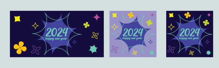 Happy New Year 2024 with colorful Minimalistic trendy design. Happy New Year 2024 square template. greeting background designs, New Year, and social media promotional content. Vector illustration